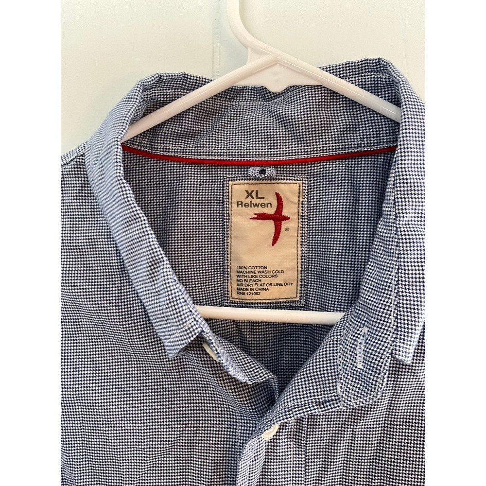 Relwen Mens XL Blue White Houndstooth Long Sleeve Cotton Button Front Shirt